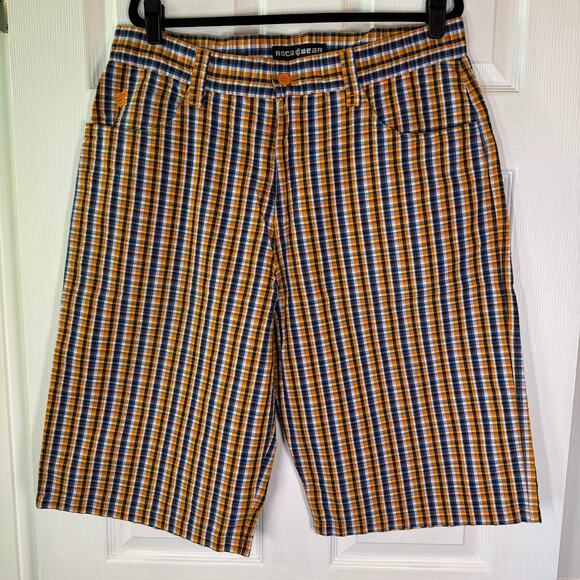 Rocawear Plaid Seersucker Shorts 38 Orange Navy Hip Hop Streetwear Y2K - Picture 2 of 8